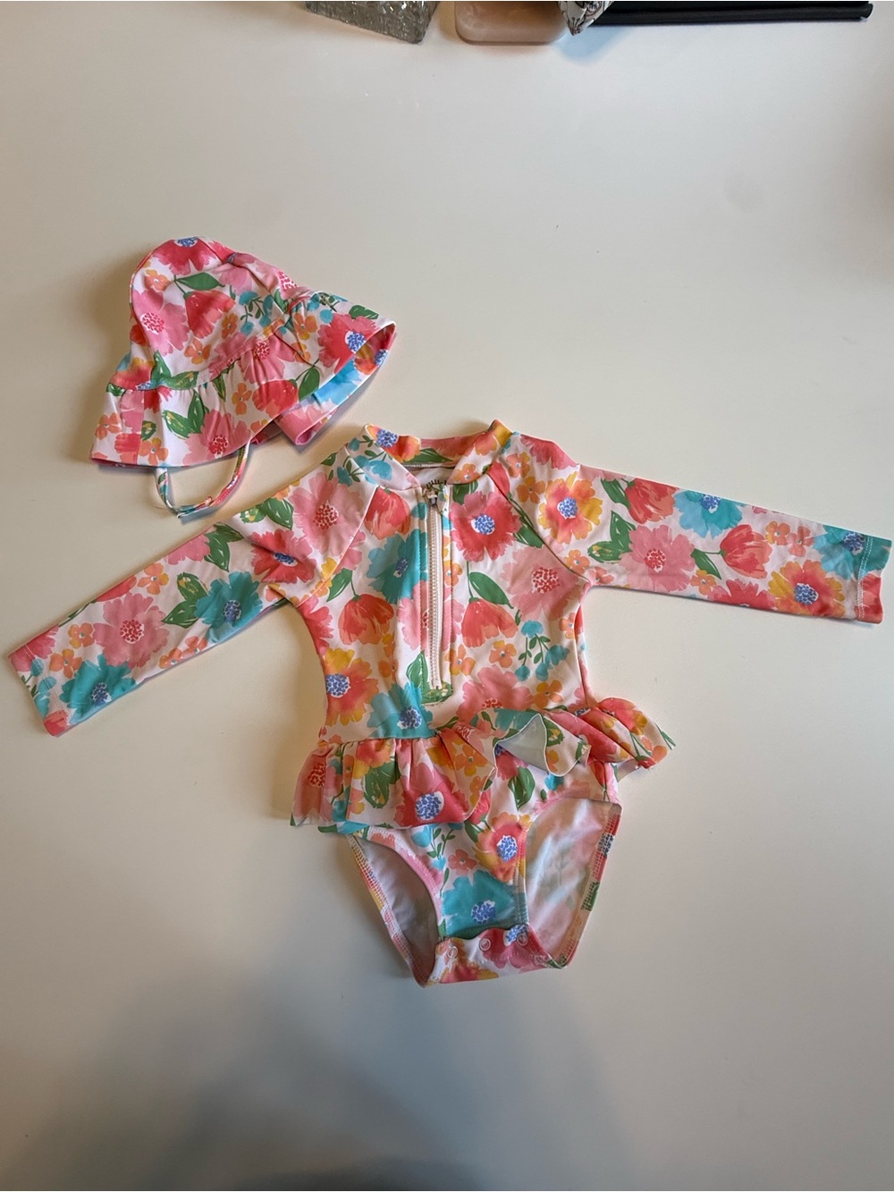 Little Me Floral Long-Sleeve Rash Guard Swimsuit with matching sun hat